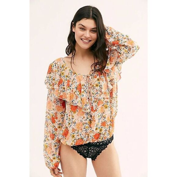FREE PEOPLE intimates Say it to Me Orange floral ruffle boho bodysuit size XS - Picture 1 of 7